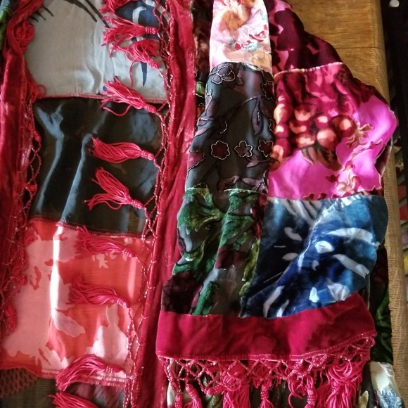 Midi PATCHWORK kimono VELVET SILK BLEND bead fringe COAT s/m - Picture 5 of 12